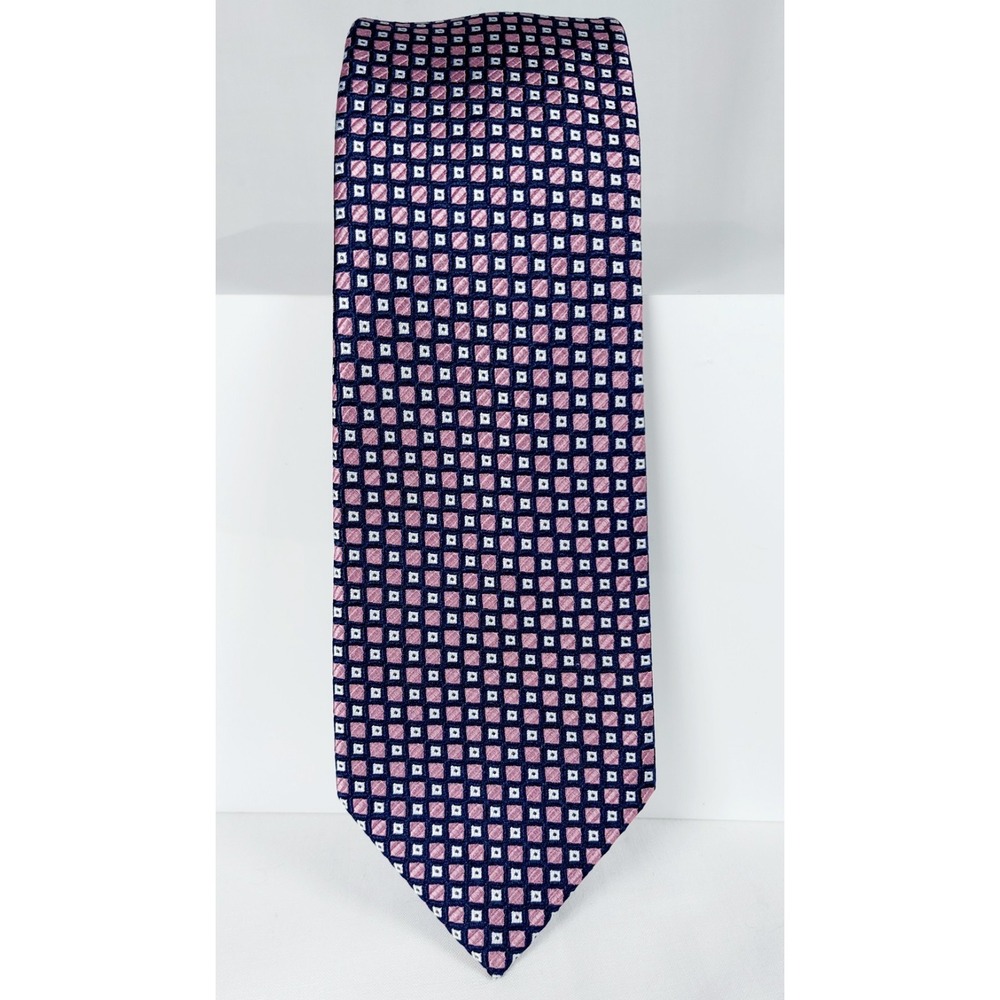 Jos A Bank Traveler‎ Collection Necktie Pink Navy Geometric 100% Silk Tie 3"x60"